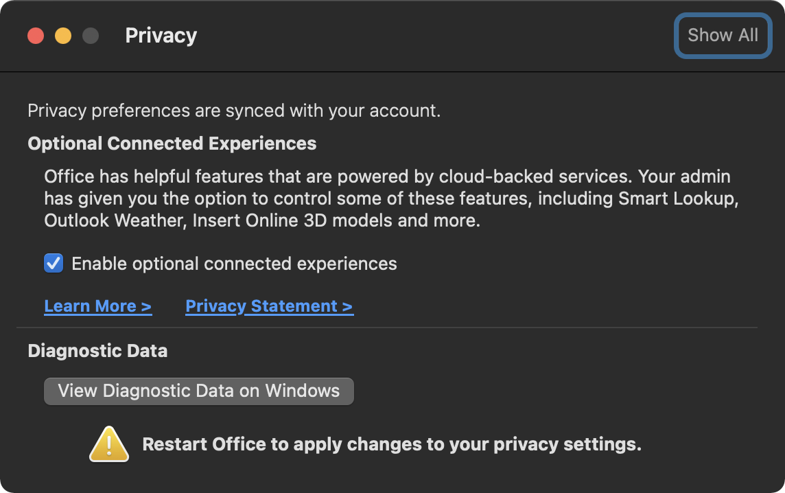 Enable optional connected experiences