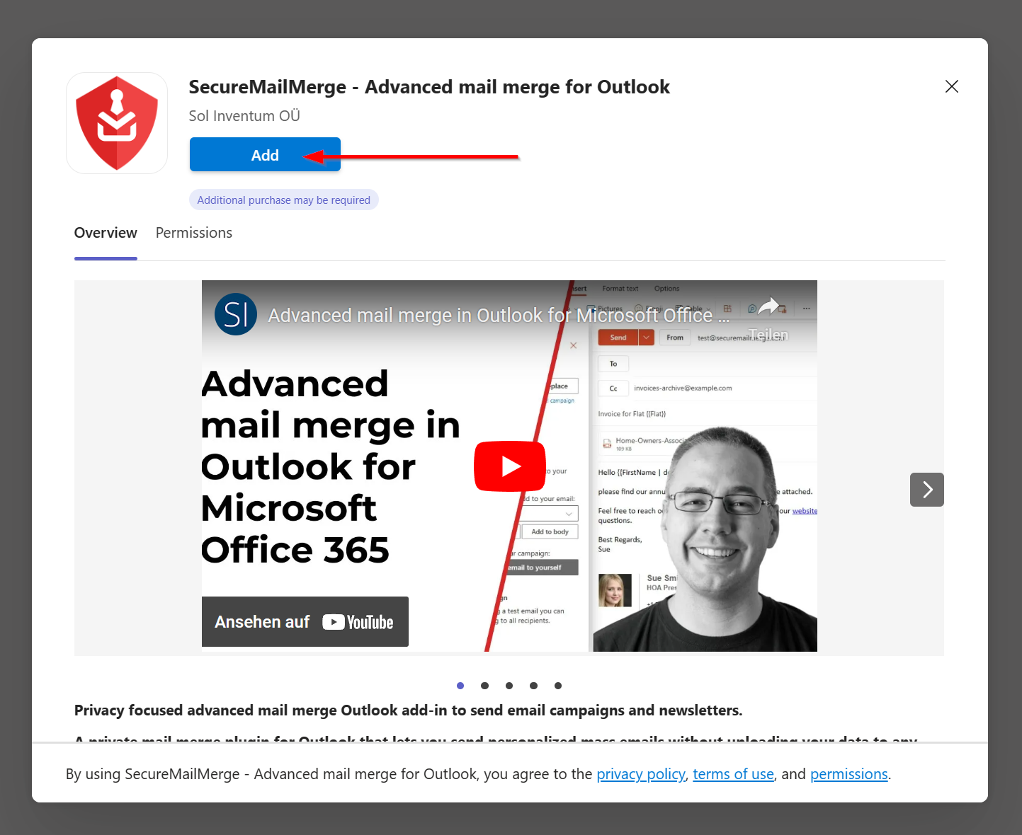 Screenshot of SecureMailMerge application box in AppSource