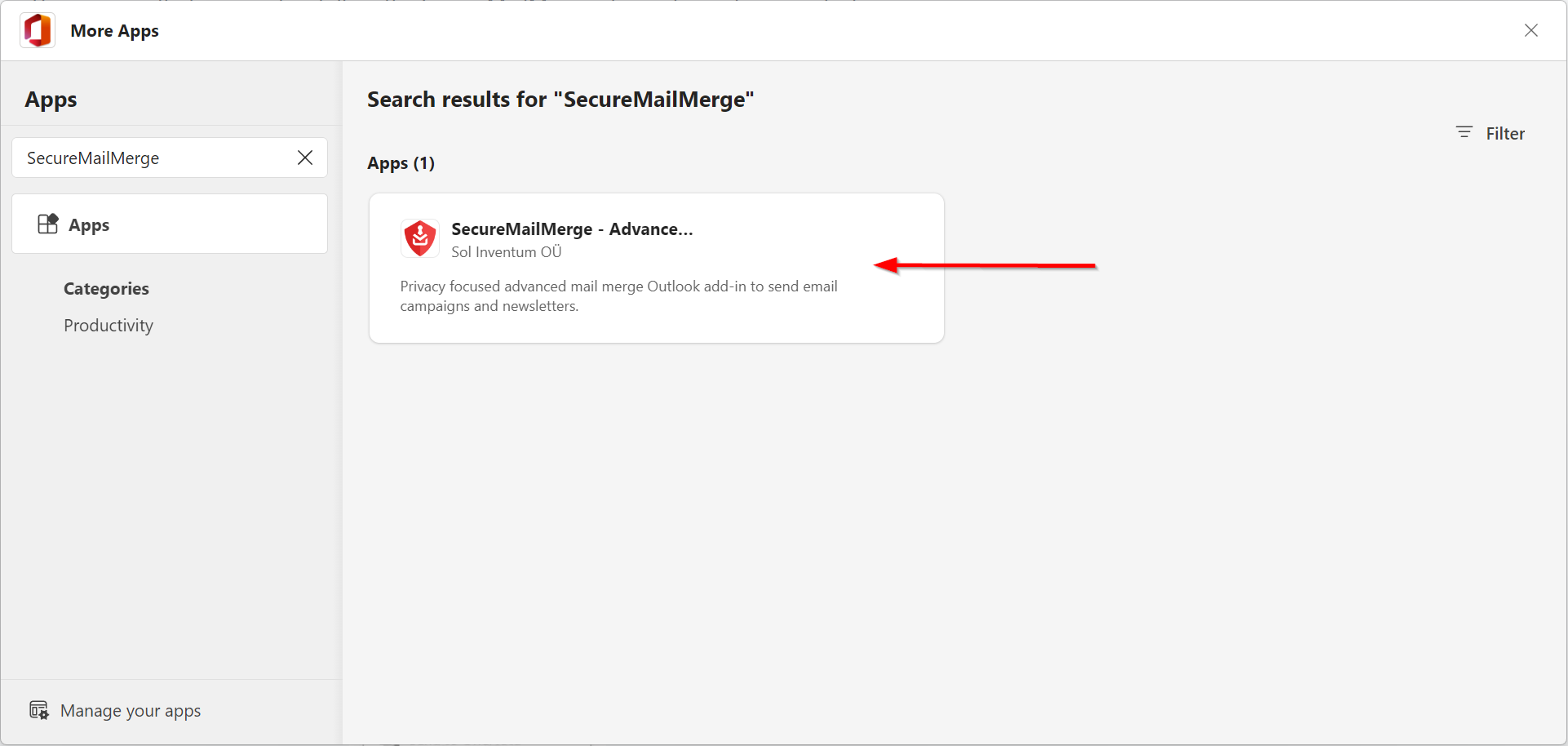 Screenshot of SecureMailMerge search result in AppSource