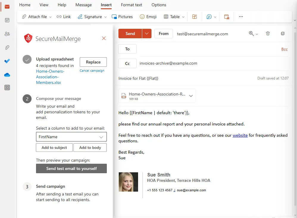 Sending mail merge with attachments from Outlook