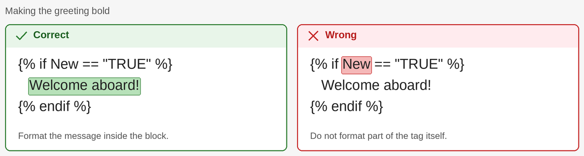 Diagram comparing formatting the message inside a condition block with incorrectly formatting part of the condition tag