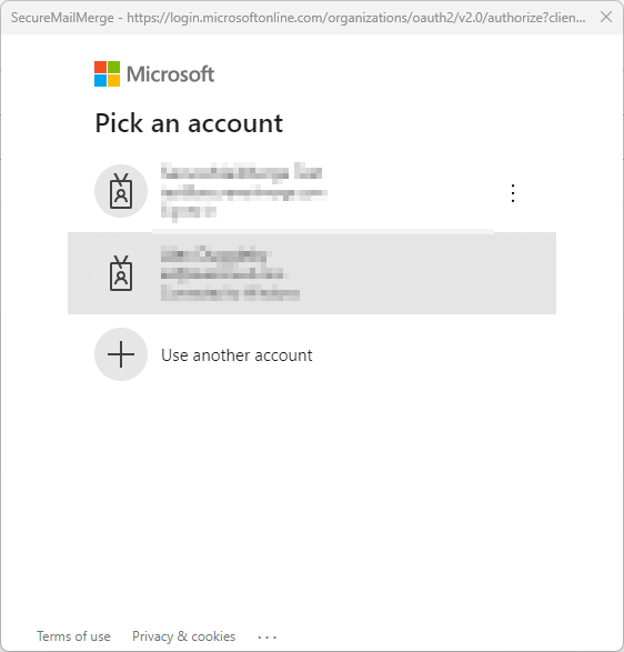 Authentication window in SecureMailMerge