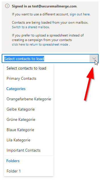 Select type of contacts in SecureMailMerge