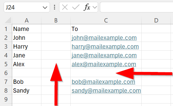 Spreadsheet with empty columns