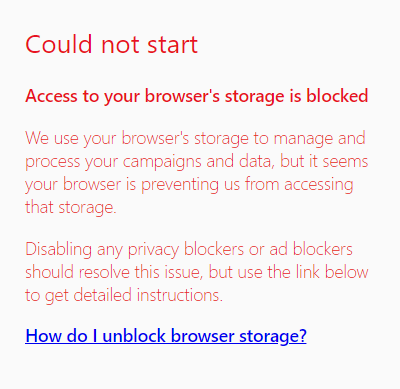Screenshot of the browser storage blocked error